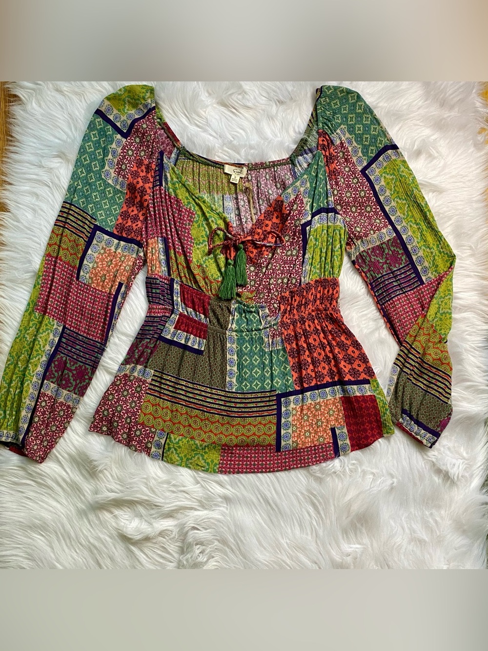 NWT Easel Boho Patchwork Balloon Sleeve Peplum Top | Size Small